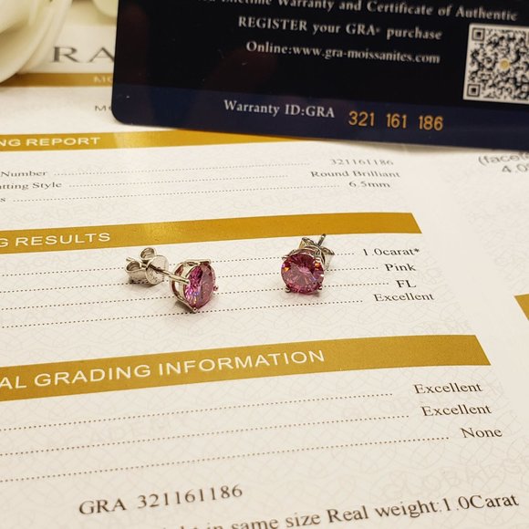 2 Carat Pink Moissanite Stud Earrings- 100% Pass Diamond Tester - Picture 3 of 4